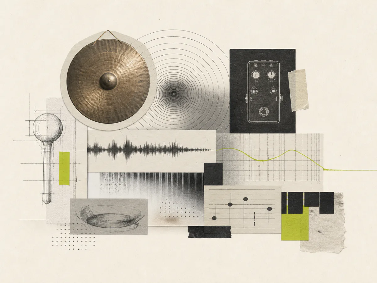 Collage of a gong, pedal, waveforms, and frequency sketches on paper