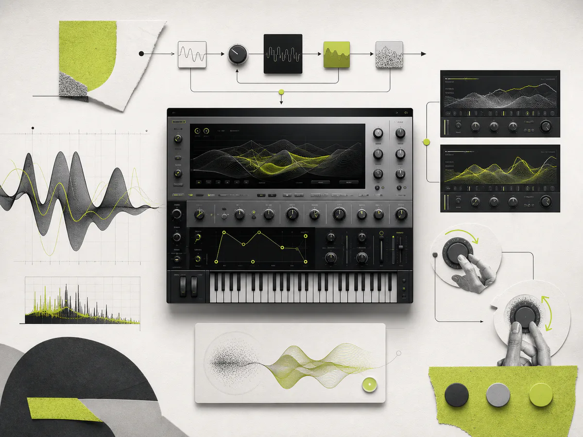 Audio instrument interface surrounded by signal-flow and waveform studies