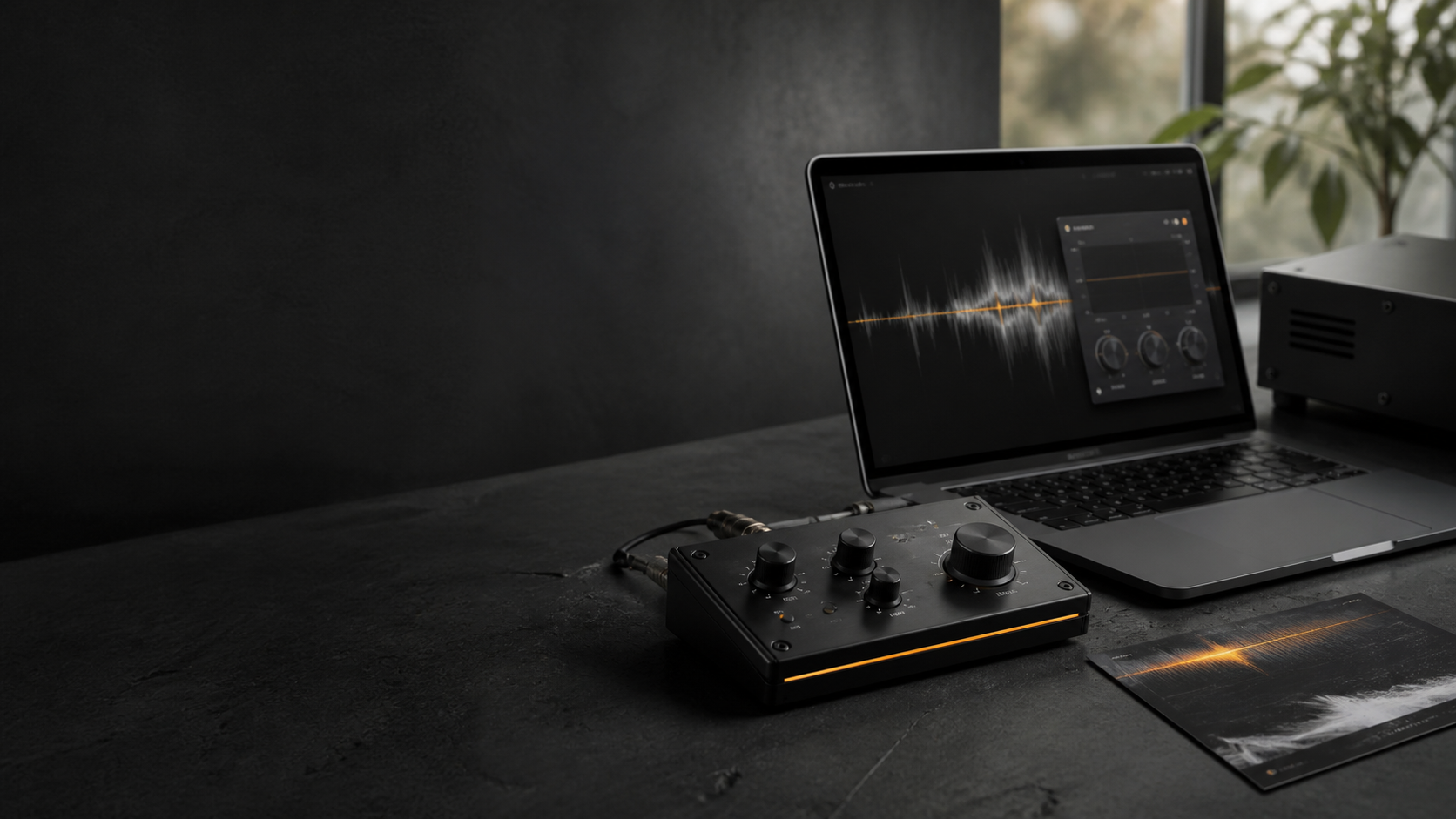 Audio instrument module beside a laptop showing a waveform and plugin window